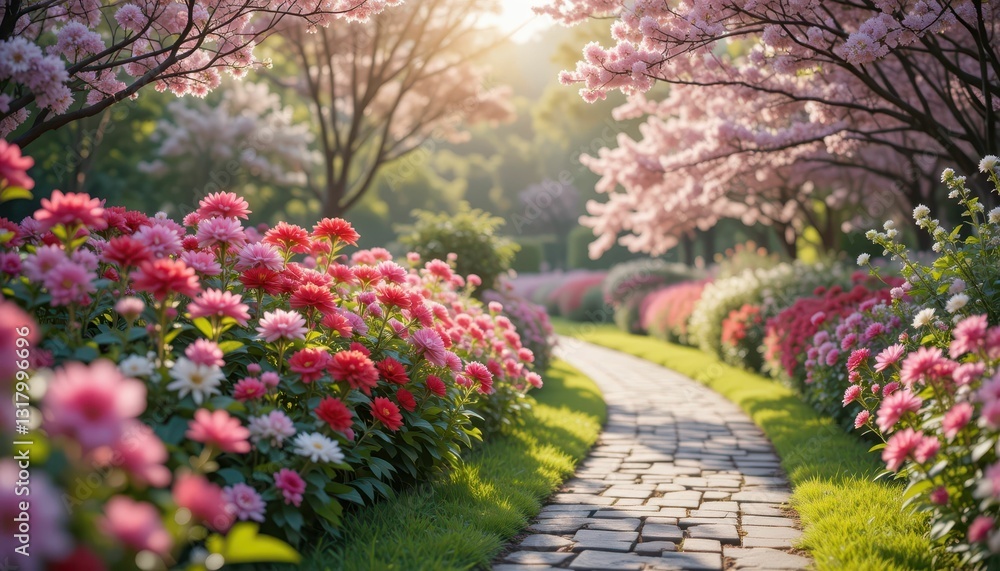 Serene Spring Garden Pathway with Colorful Flowers and Trees Serene Spring Garden Pathway with Colorful Flowers and Trees
