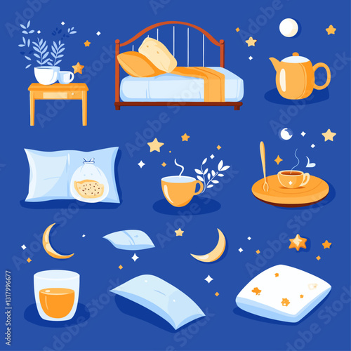 Cozy Bedtime Scene: Bedroom with Bed, Pillows, Tea and Moon