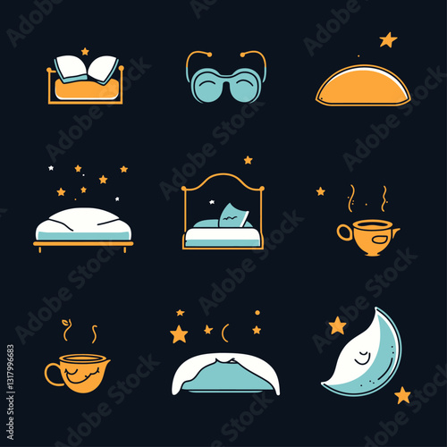 Sleep Icons Set with Moon, Bed, and Eyemask, Night Time Symbol