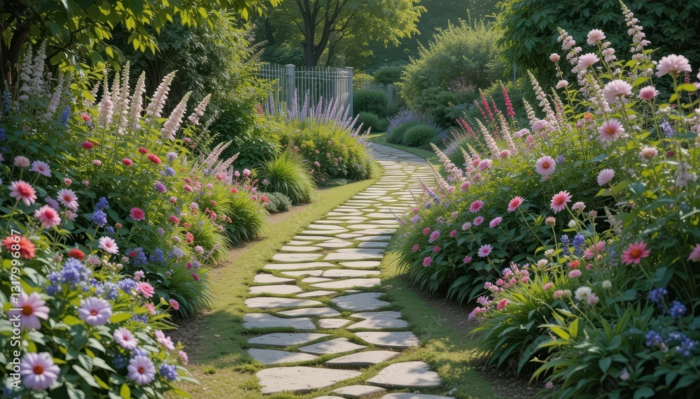 Serene Garden Pathway with Colorful Flowers and Lush Greenery Serene Garden Pathway with Colorful Flowers and Lush Greenery