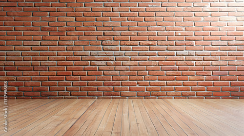 Red Brick Wall Texture With Wooden Floor Interior Design Background Horizontal Perspective View