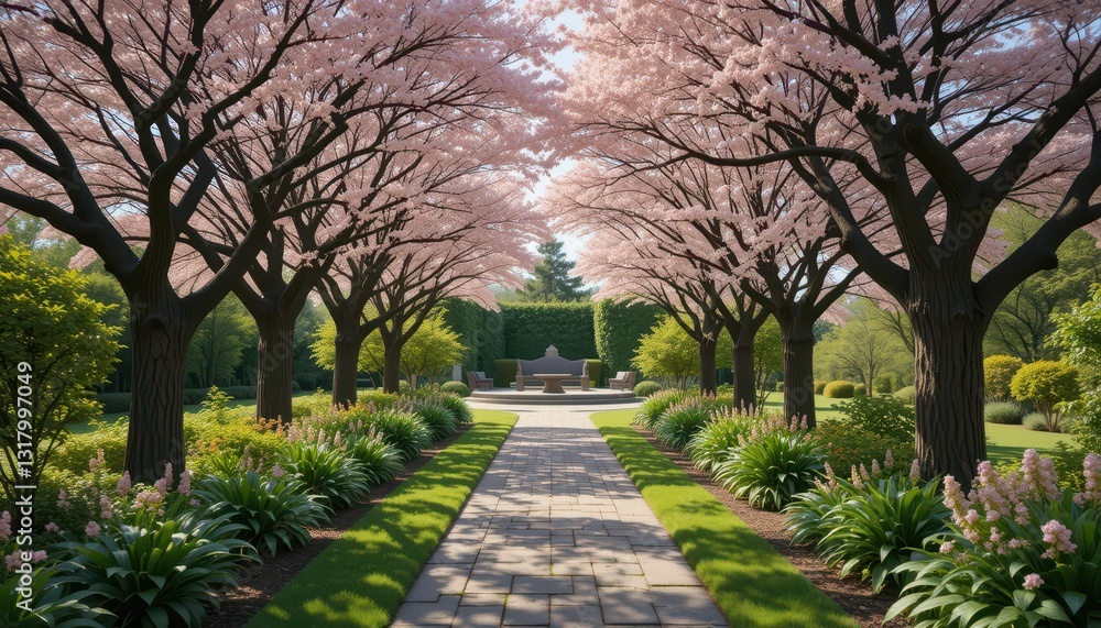 Charming Pathway Through Pink Blossom Trees in Serene Garden Setting Charming Pathway Through Pink Blossom Trees in Serene Garden Setting