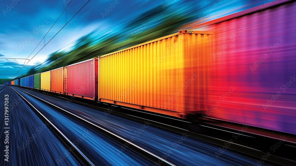 Fototapeta premium Fast-Moving Freight Train Railway Action Shot Urban Environment Low Angle Dynamic Composition