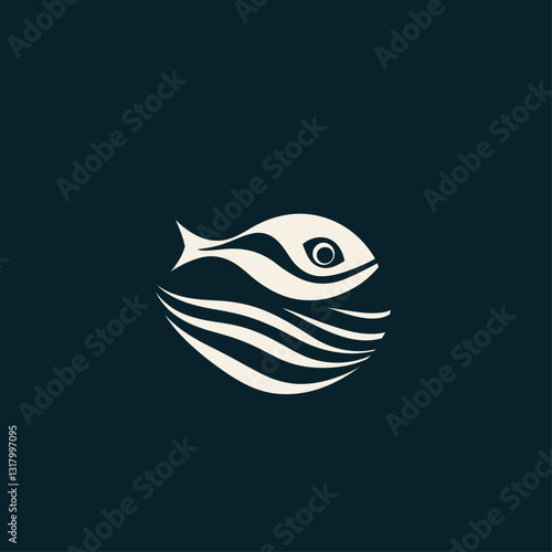 Abstract fish logo design on dark blue background, minimalist style.