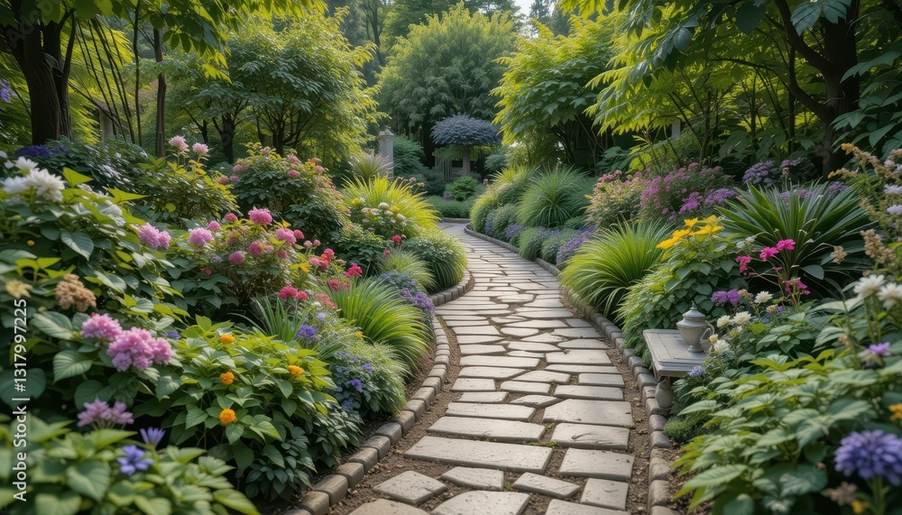 Serene Garden Pathway Surrounded by Colorful Blooms and Foliage Serene Garden Pathway Surrounded by Colorful Blooms and Foliage