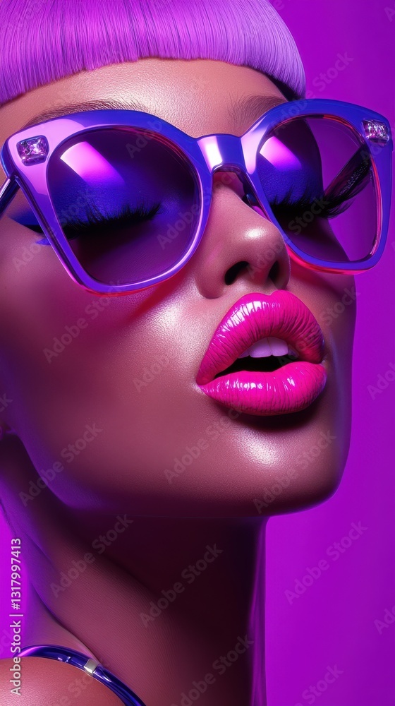 Close-up digital artwork of a person wearing blue cat-eye sunglasses with reflective pink lenses, adorned with sparkling embellishments Close-up digital artwork of a person wearing blue cat-eye sunglasses with reflective pink lenses, adorned with sparkling embellishments