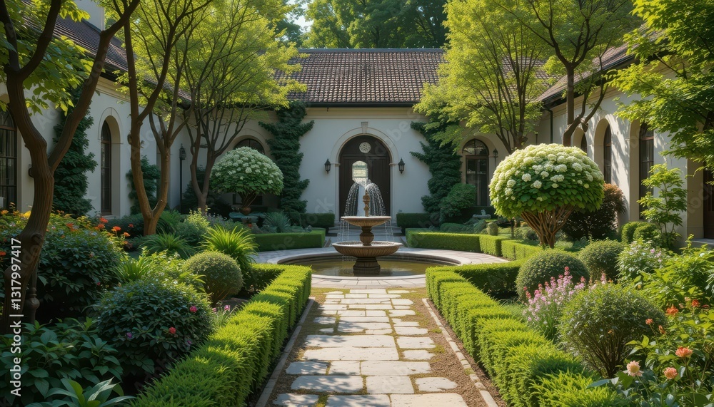 Serene Garden Oasis with Fountain and Lush Greenery in Tranquil Setting Serene Garden Oasis with Fountain and Lush Greenery in Tranquil Setting