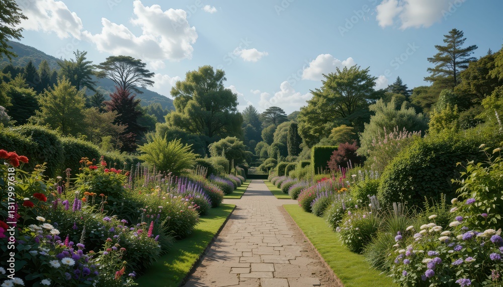 Serene Pathway through Lush Garden with Colorful Flower Beds Serene Pathway through Lush Garden with Colorful Flower Beds