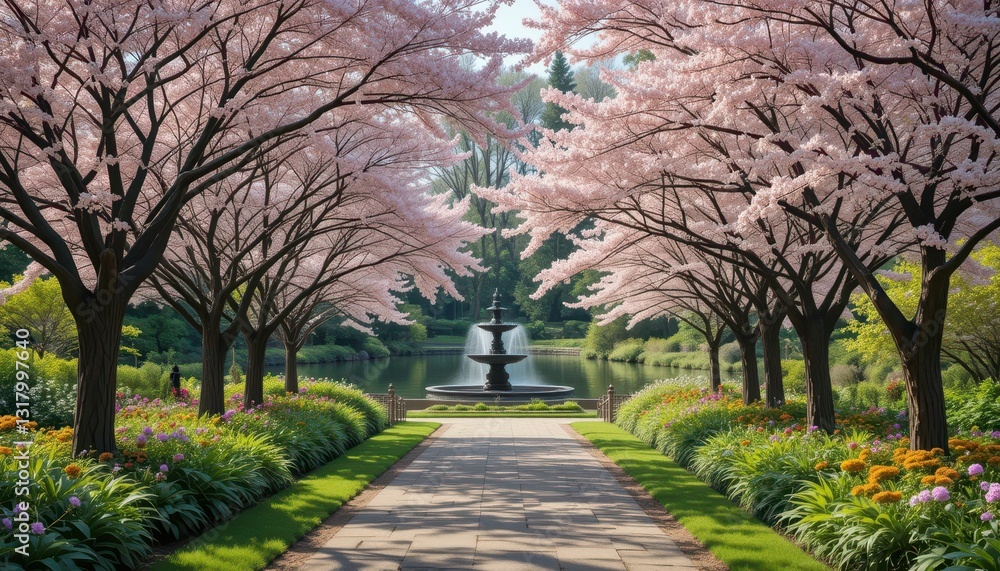Serene Pathway Surrounded by Blossoming Cherry Trees in Garden Serene Pathway Surrounded by Blossoming Cherry Trees in Garden