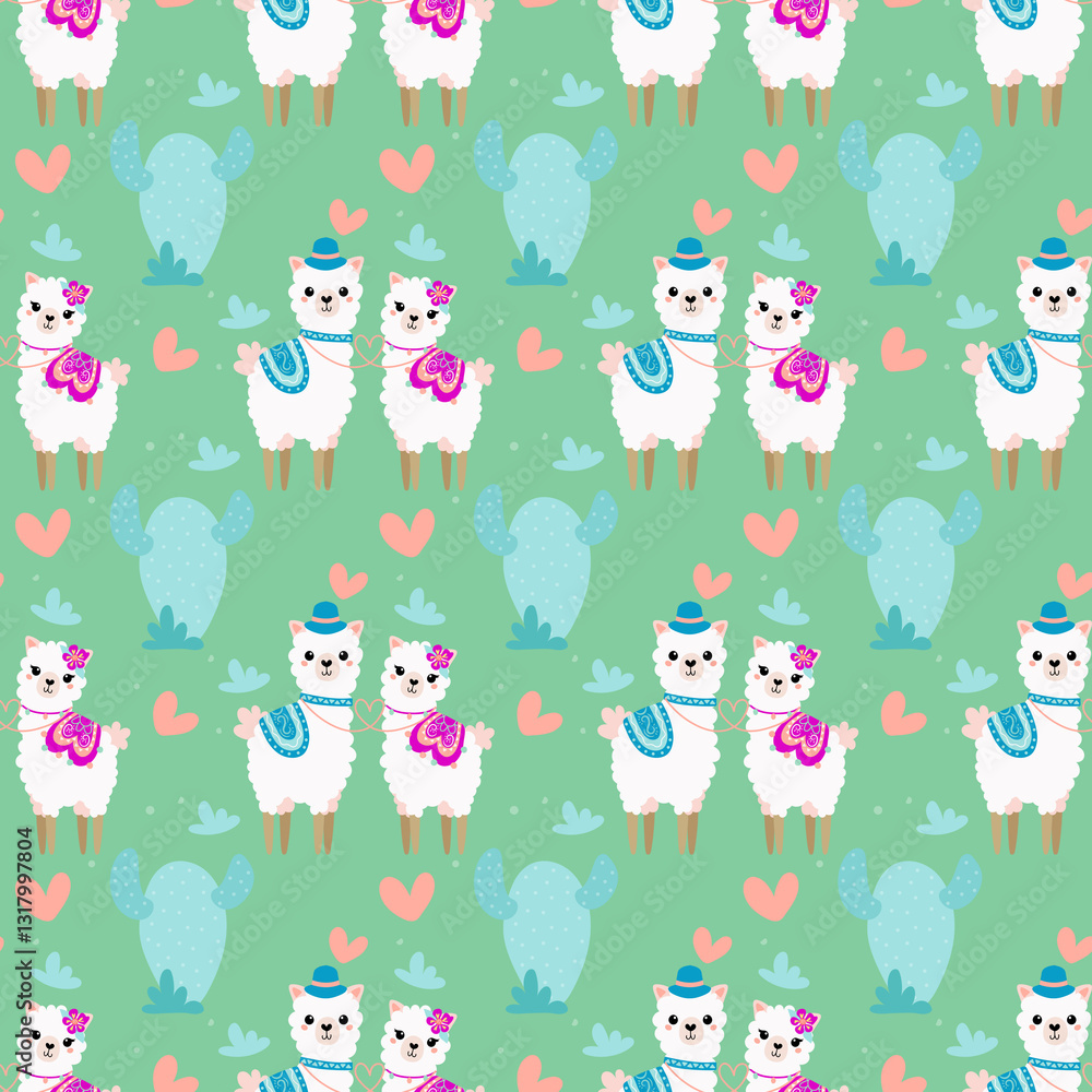 Obraz premium Adorable llama seamless pattern on a mint green background with hearts and cactus shapes. Ideal for kids’ fabrics, nursery decor, and playful designs.