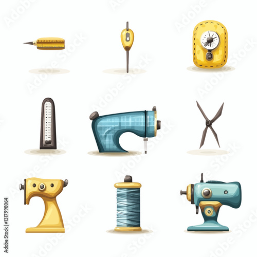 Sewing tools illustration, thread, scissors, dressmaking equipment on white