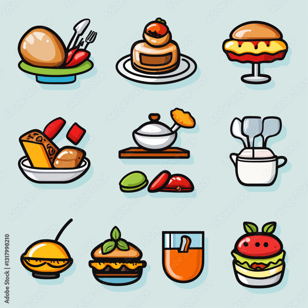Food Icons Set: Illustration of Diverse Dishes and Beverages Food Icons Set: Illustration of Diverse Dishes and Beverages