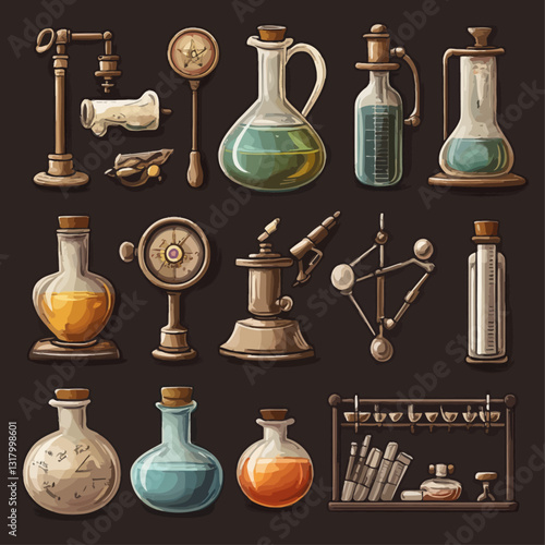 Vintage Laboratory Equipment Illustration, Alchemy Experiment Science Supplies