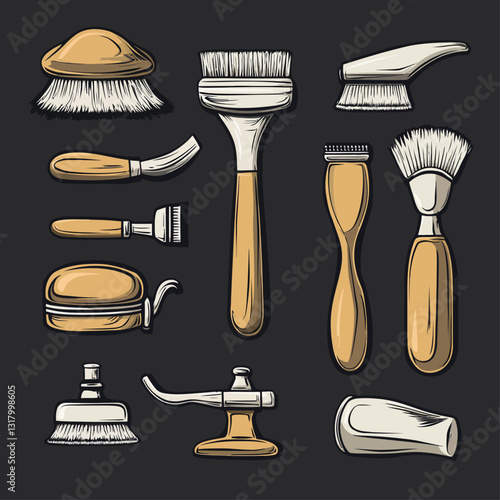 Vintage Barber Tools Set. Shaving brushes, razors, styling instruments.
