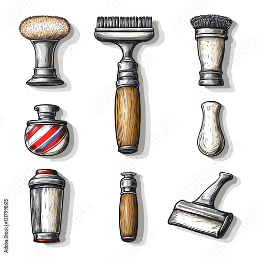 Vintage Barber Shop Tools Collection, Hand Drawn Illustration, White Background