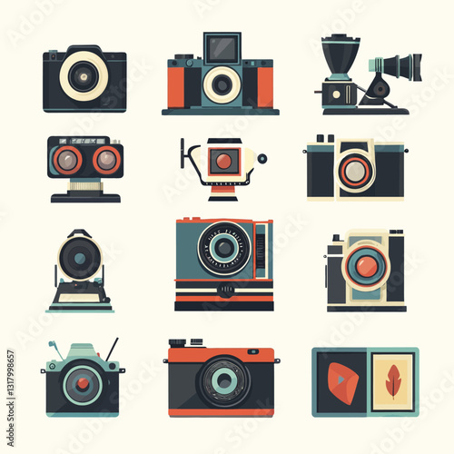 Vector Set of Vintage Cameras and Photography Equipment Illustration