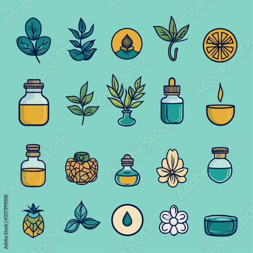 Aromatherapy and Wellness Icons: Essential Oil Bottles, Leaves, and Flowers.