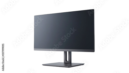 Sleek modern black flat-panel computer monitor with a transparent background, featuring a minimalist stand and a professional, elegant design.