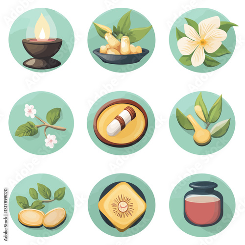 Ayurvedic Icons: Oil Lamp, Herbs, Flower, Leaf, and Medicine Symbols