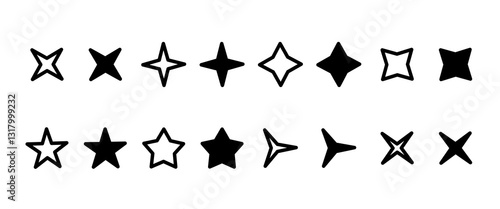 vector illustration of different star shapes set. Full color and line design isolated on white background.