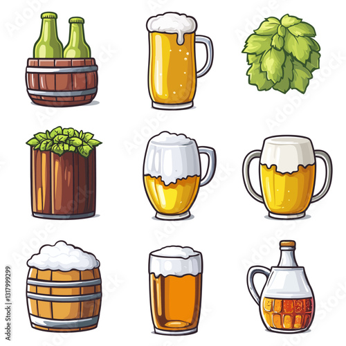 Cartoon Beer, Hops, and Wooden Barrels Illustration on White Background.