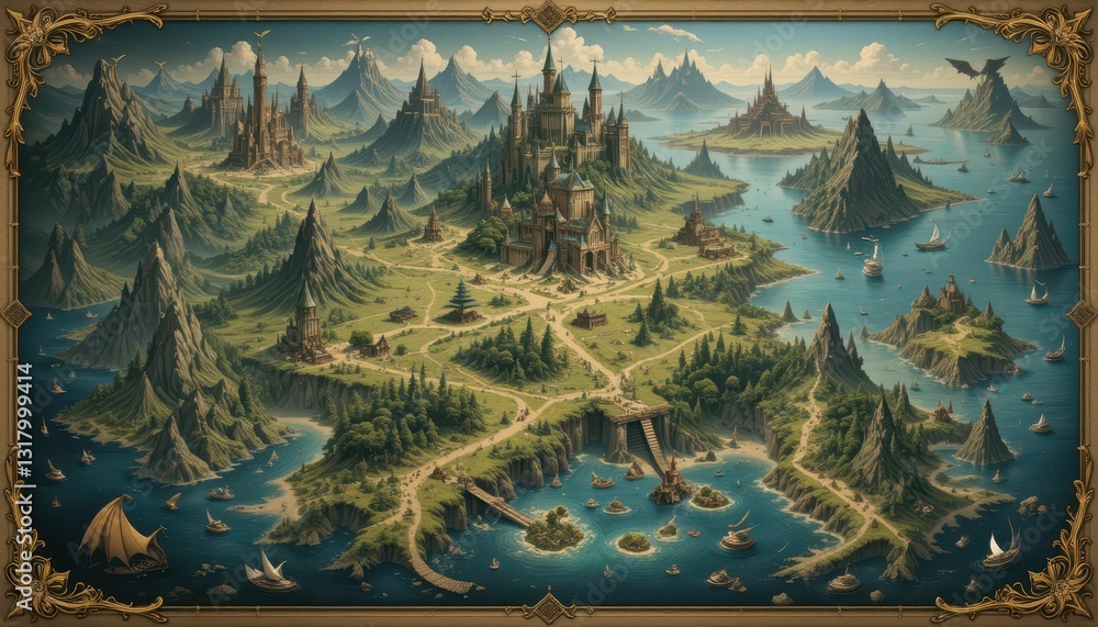 Fantasy Map of Majestic Islands and Enchanted Mountainscape Fantasy Map of Majestic Islands and Enchanted Mountainscape