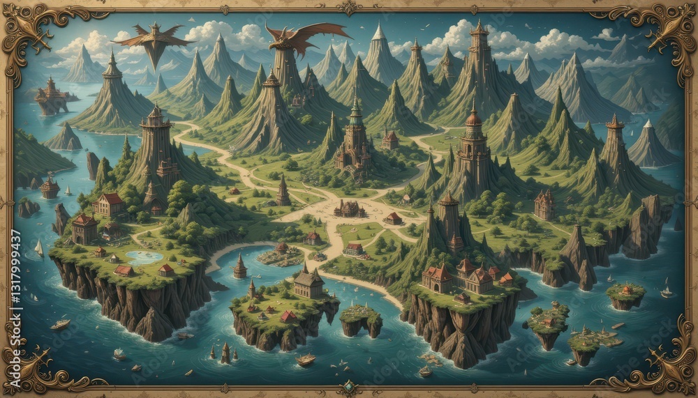 Obraz premium Fantasy Island Landscape with Mountains, Castles, and Dragons