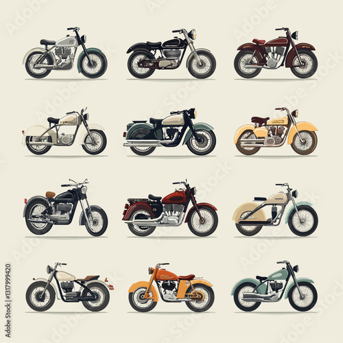 Vintage Motorcycle Collection. Classic Motorbikes Illustration. Retro Style Design.