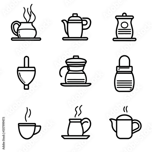Black and White Coffee Icons Set: Teapots, Cups, Brewing Equipment