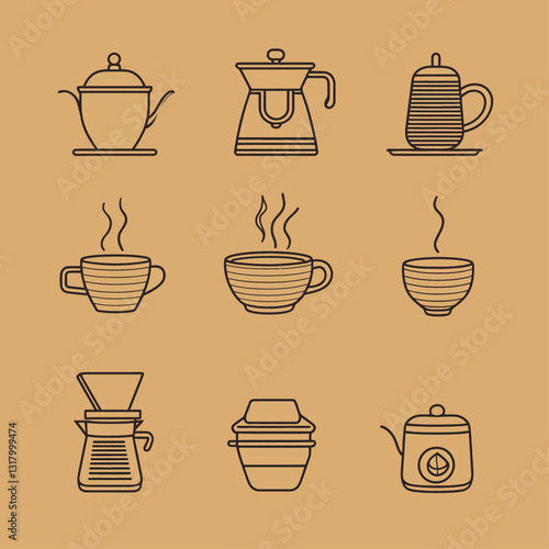 Coffee and tea icons in a flat design vector on a light brown backdrop.