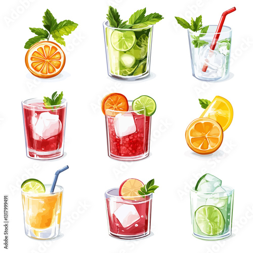 Refreshing Colorful Cocktails Collection: Orange, Lime, Mint, Ice in Glasses