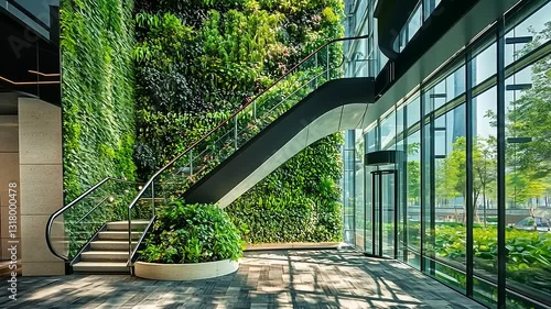 Modern interior featuring a green wall and staircase in a bright, open space.