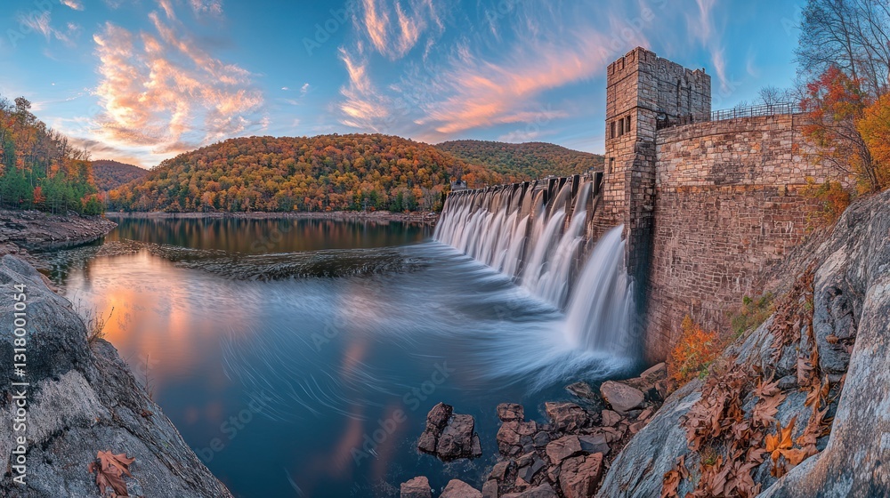 Fototapeta premium Autumn Dam Sunset, River, Fall Foliage, Water, Energy