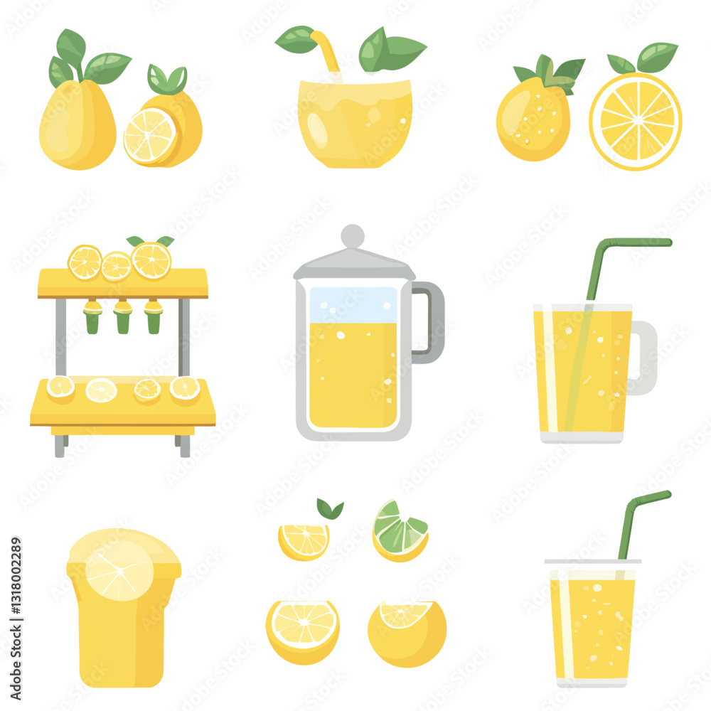 Fresh lemon juice and lemons, drinks, illustrations, white background, healthy Fresh lemon juice and lemons, drinks, illustrations, white background, healthy