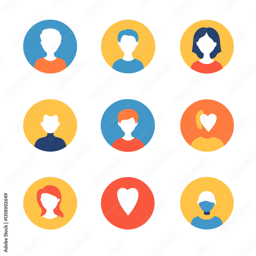 Vector illustrations of diverse people with hearts, user icons, and avatars Vector illustrations of diverse people with hearts, user icons, and avatars