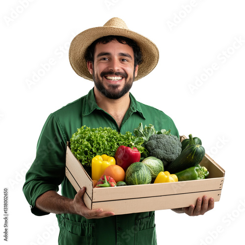 happy and smiling man wearing green clothes with black farmer details, holding a box with vegetables, fruits and vegetables, on a white background