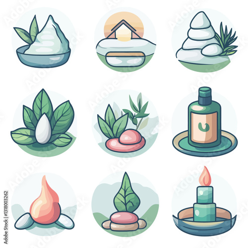 Spa and wellness icons set: massage oil, stones, candle and leaves