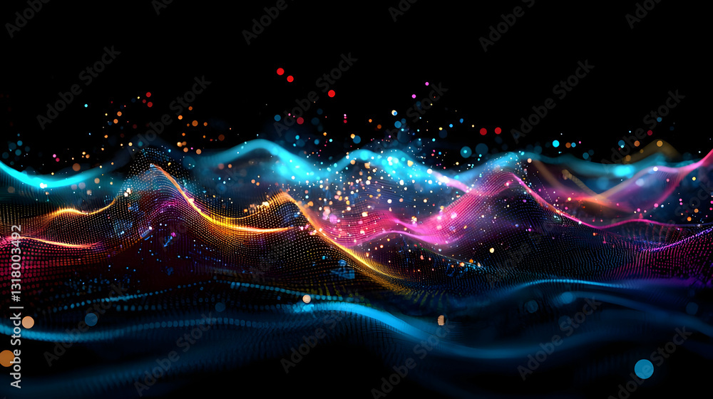 Fototapeta premium Dynamic Abstract Digital Art Colorful Particles And Waves With Glowing Light Effects On A Dark Background Modern Futuristic Technology Design
