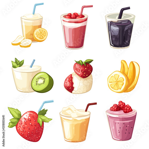 Colorful smoothie selection, fruit and beverage drinks, summer treats, healthy food.
