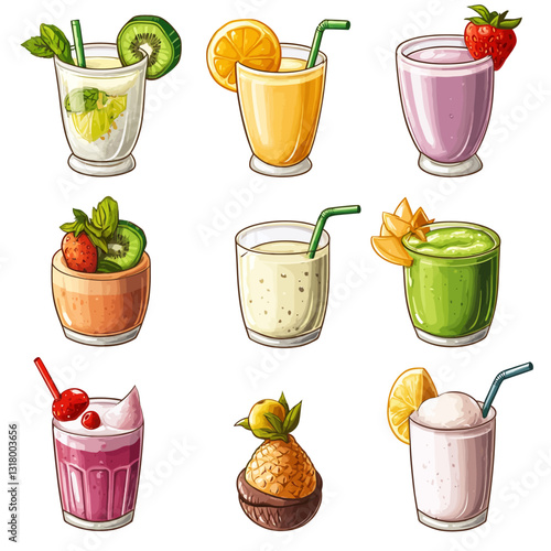 Colorful Variety of Fresh Fruit Smoothies or Beverages Drinks Illustration