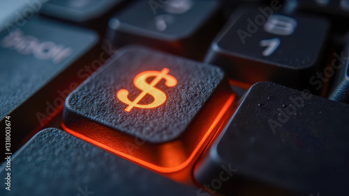 Close-up of illuminated dollar sign on keyboard button highlighting online finance and transaction concepts with creative color contrast