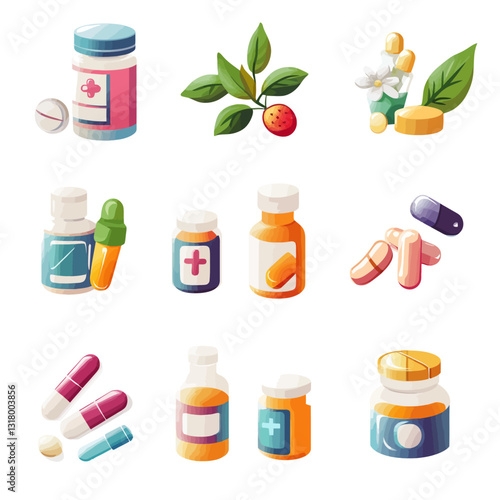 Medical illustrations of pills, vitamins, and herbal medicine in bottles.