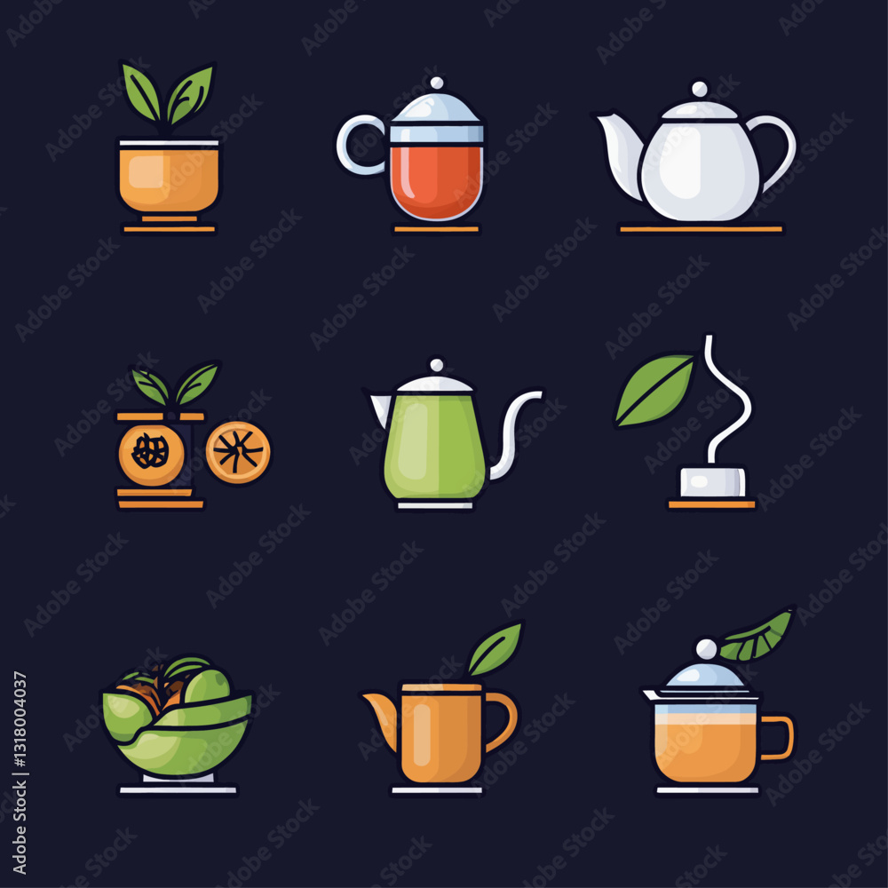 Vector tea icons, teapots and teacups with tea leaves on dark background Vector tea icons, teapots and teacups with tea leaves on dark background