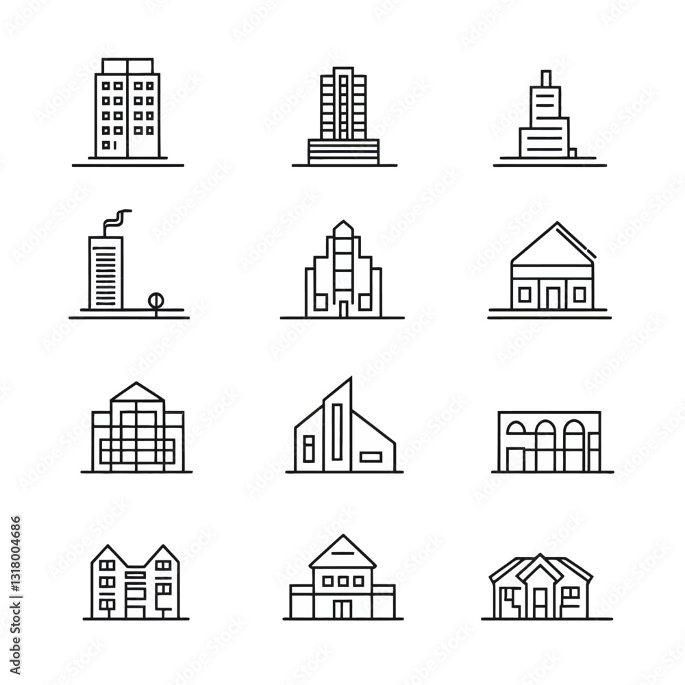 Line Art Buildings Set, Skyscrapers, Homes, Minimalist, Architecture Icons Line Art Buildings Set, Skyscrapers, Homes, Minimalist, Architecture Icons