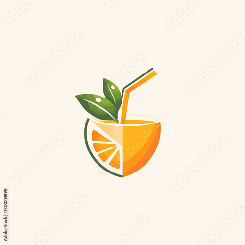 Fresh Orange Juice Icon with Green Leaves and Straw on White Background