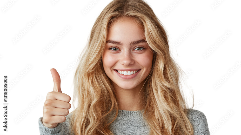 Smiling blonde woman showing thumbs up and ok sign, isolated on transparent background. Smiling blonde woman showing thumbs up and ok sign, isolated on transparent background.