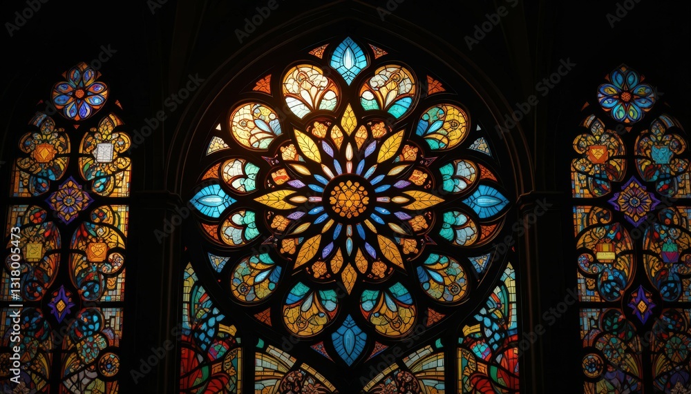 Fototapeta premium Magnificent Stained Glass Rose Window in Gothic Church