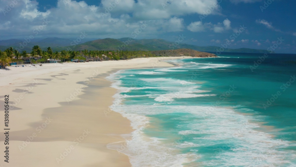 Fototapeta premium Seaside Serenity: a picturesque aerial view of a serene beach. the turquoise ocean meet the sandy shore. Lush greenery, under a partly cloudy sky, creates a beautiful scene.