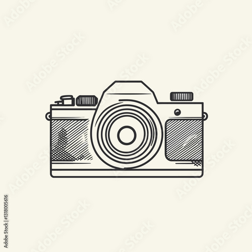 Vector camera illustration, vintage style, on a cream background.