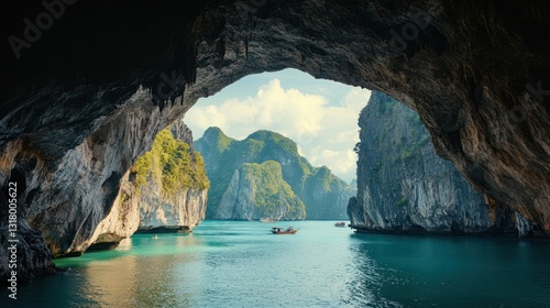 Cave opening, bay view, boats, islands, tropical
